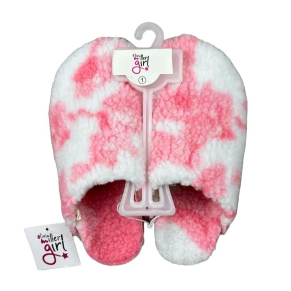 Olivia Miller Girl Pink Cow Faux Sherpa Flat Cork Clog Sandal Mule Size 1 NWT